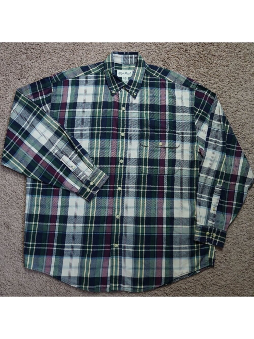 Eddie Bauer Flannel Button Down Shirt Mens L Green Blue Plaid Cotton Normcore
